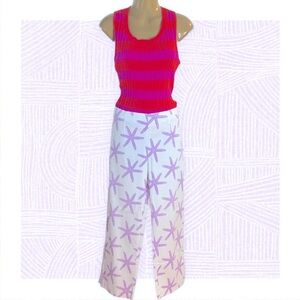 Wide leg white cotton pants with purple starfish size Medium